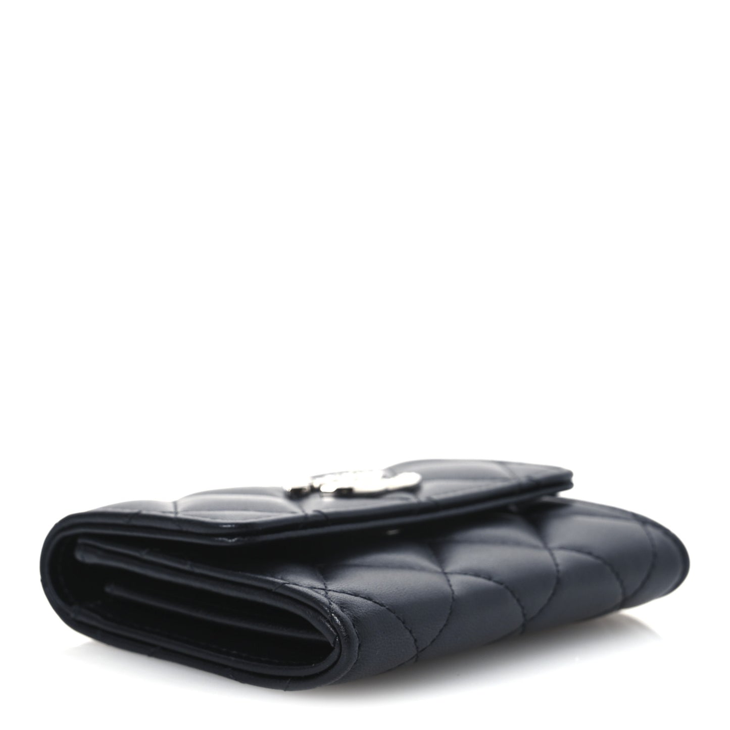 Lambskin Quilted Flap Baguette Crystal Card Holder Wallet Black