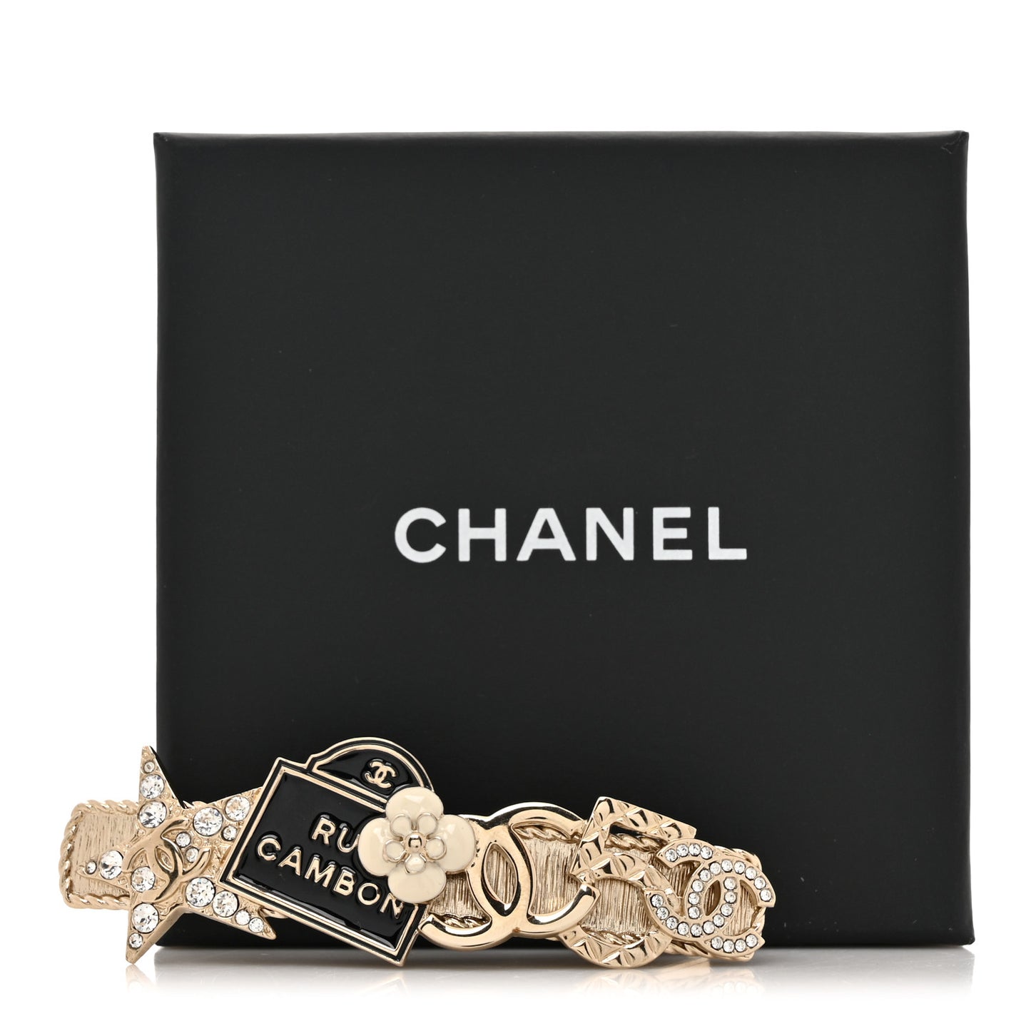 Metal Crystal CC Rue Cambon Hair Clip Gold Pearly White