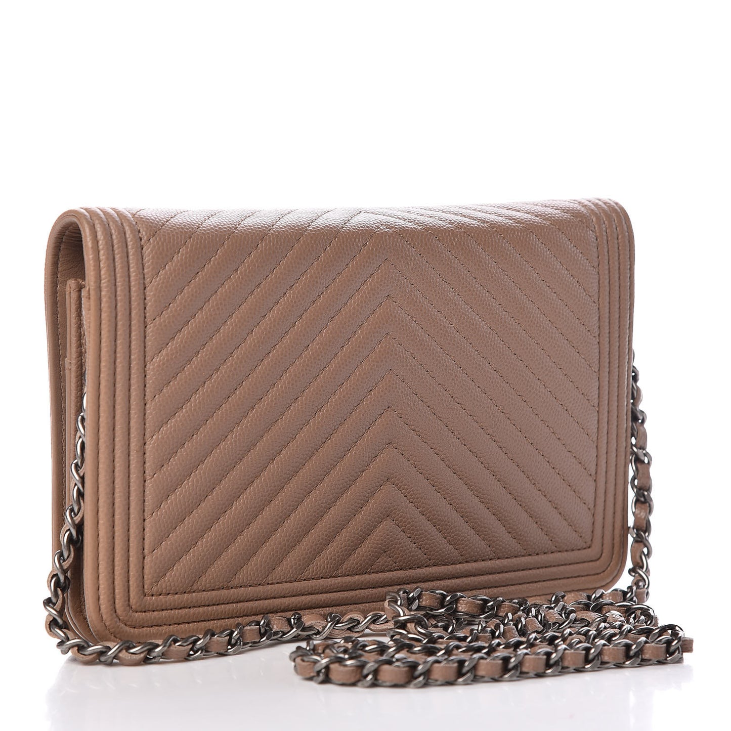 Caviar Chevron Quilted Boy Wallet On Chain WOC Dark Beige