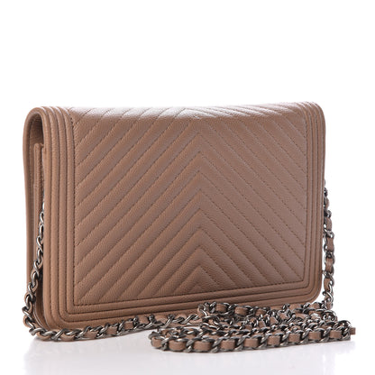 Chanel Caviar Chevron Quilted Boy Wallet On Chain WOC Dark Beige 3 of 10