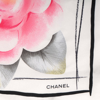 Chanel Silk Camellia Flower Scarf Black Pink 3 of 5