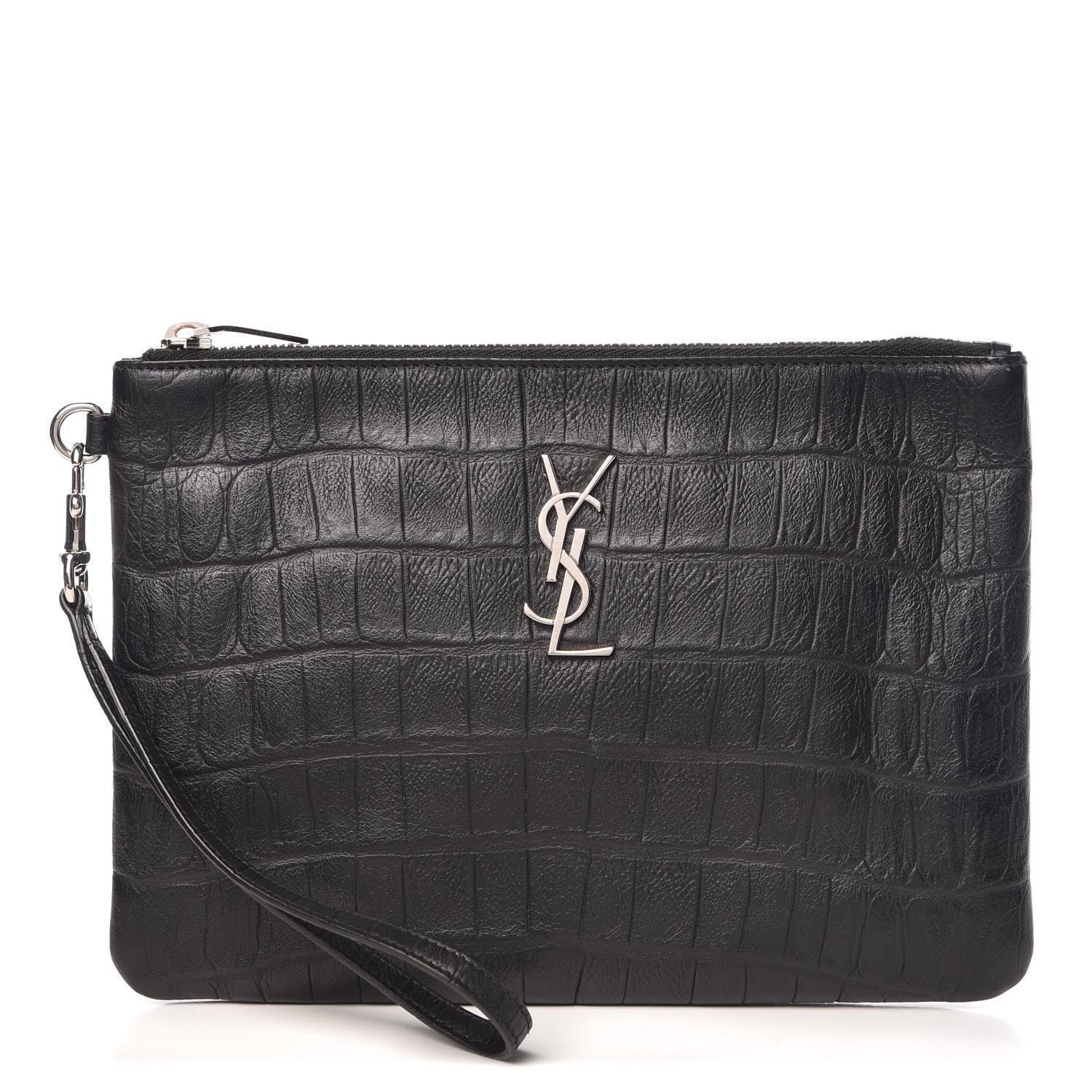 Saint Laurent Calfskin Crocodile Embossed Monogram Zip Pouch Black 1 of 8
