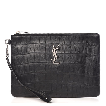 Saint Laurent Calfskin Crocodile Embossed Monogram Zip Pouch Black 1 of 8