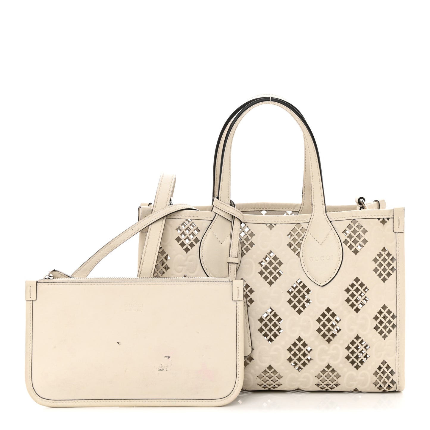 Calfskin GG Monogram Diamond Cut Small Ophidia Tote Bag Off White