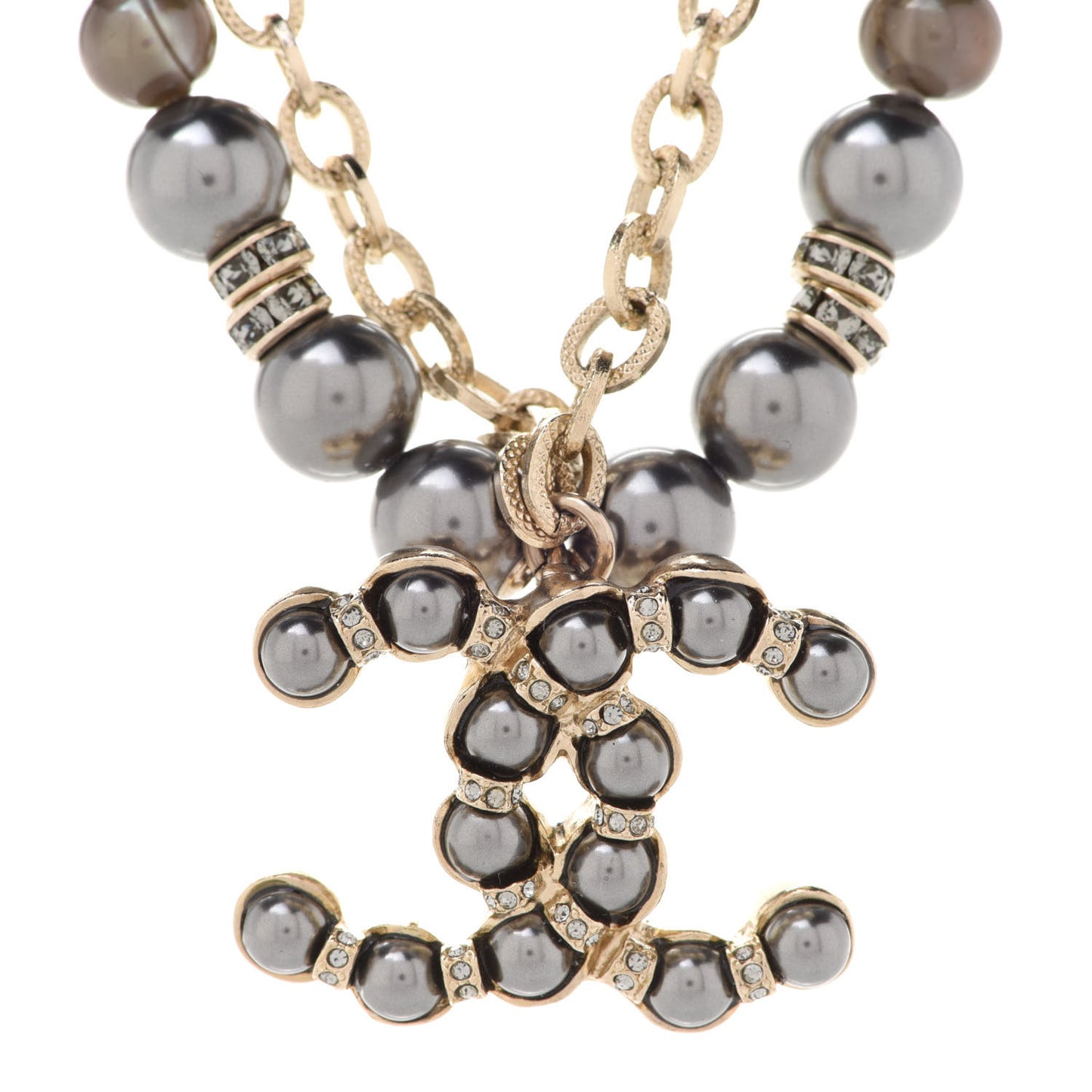 Crystal Pearl Nefertiti CC Double Chain Pendant Necklace Gold Dark Grey