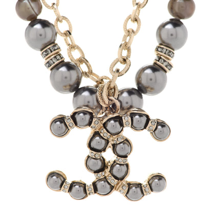 Chanel Crystal Pearl Nefertiti CC Double Chain Pendant Necklace Gold Dark Grey 4 of 6