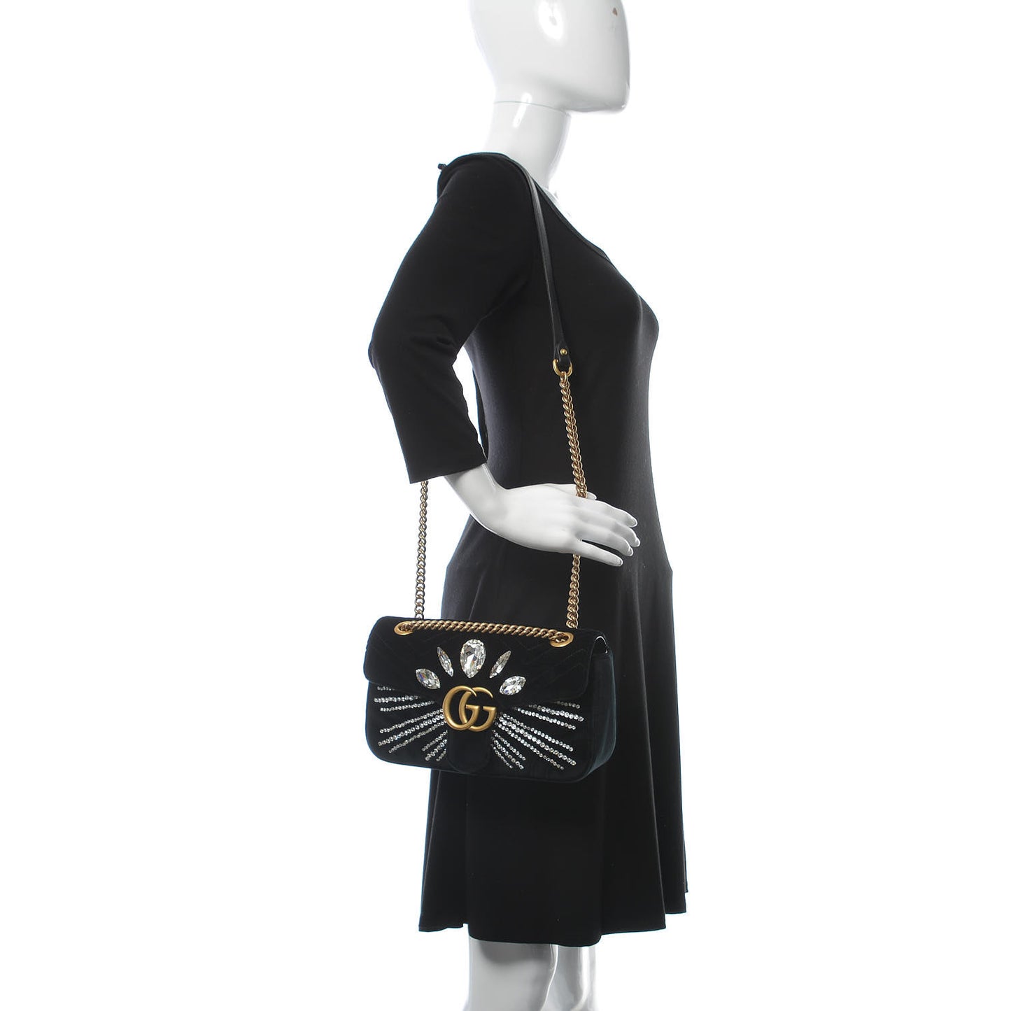 Velvet Matelasse Marquise Crystals Embroidered Small GG Marmont Shoulder Bag Black