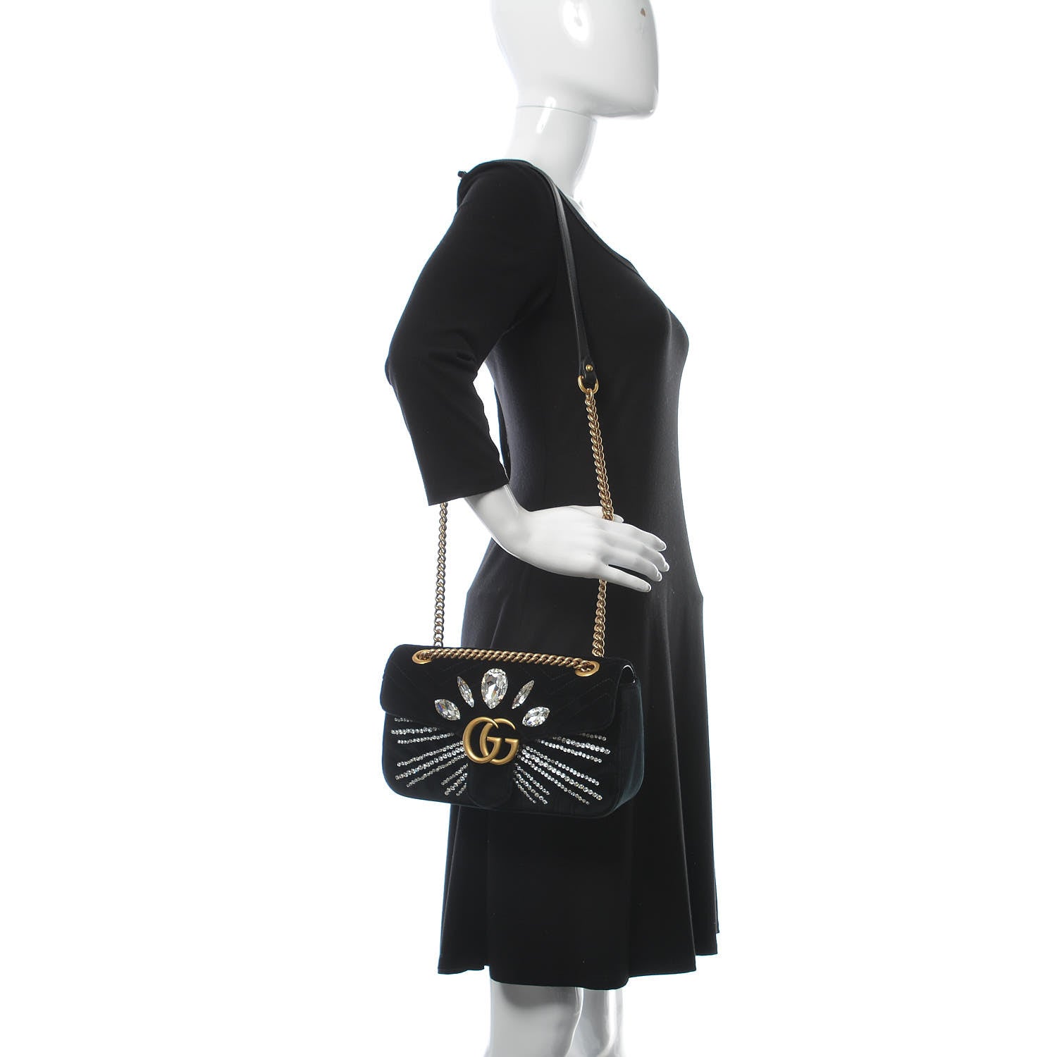 Gucci Velvet Matelasse Marquise Crystals Embroidered Small GG Marmont Shoulder Bag Black 2 of 10