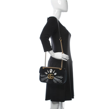 Gucci Velvet Matelasse Marquise Crystals Embroidered Small GG Marmont Shoulder Bag Black 2 of 10