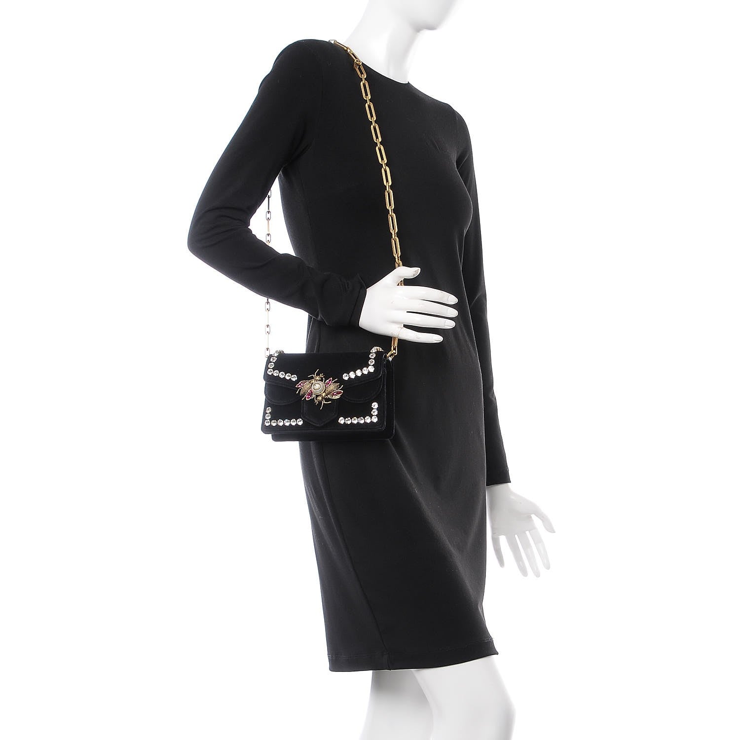 Gucci Velvet Crystal Mini Bee Broadway Shoulder Bag Black 2 of 7