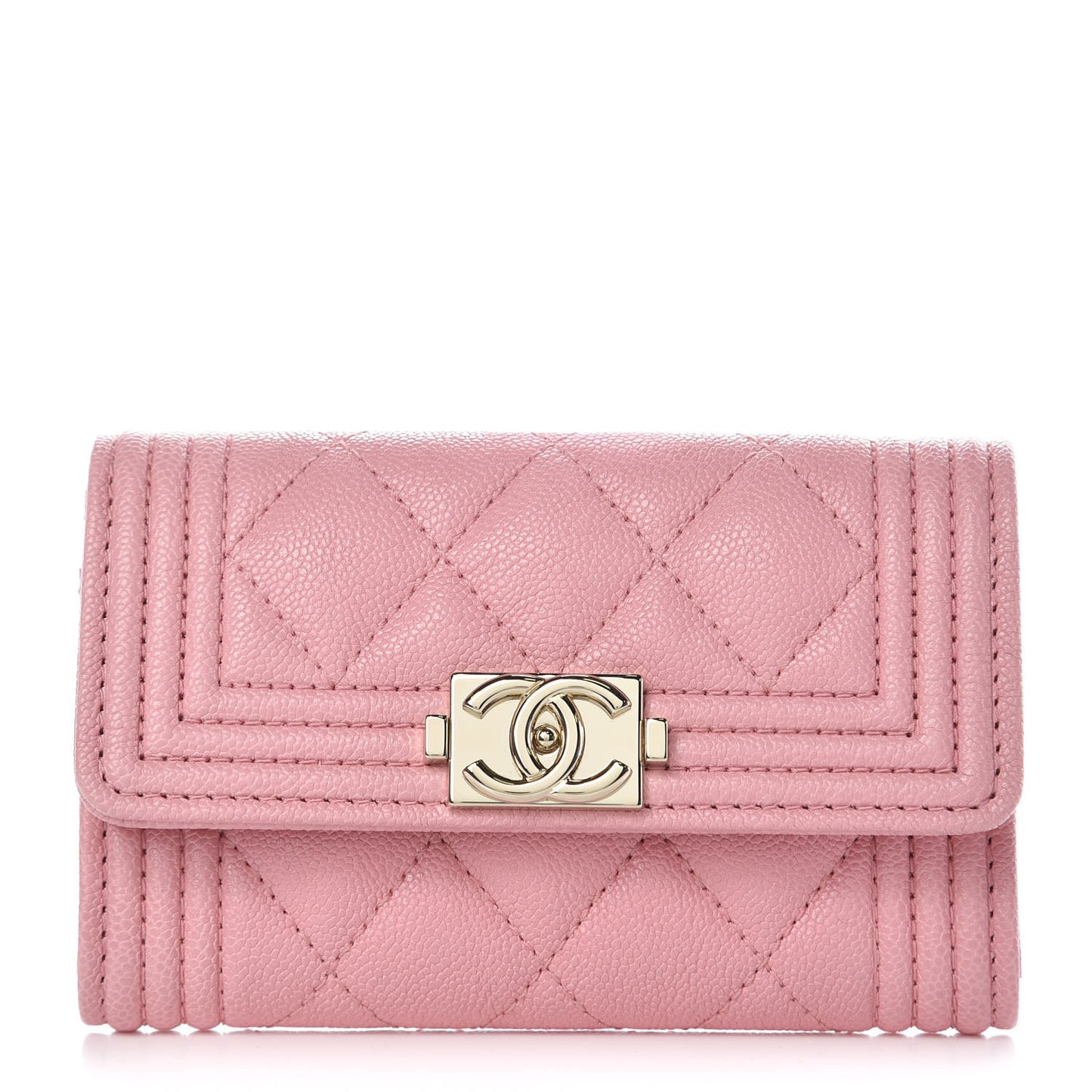 Iridescent Caviar Quilted Boy Card Holder Wallet Light Pink