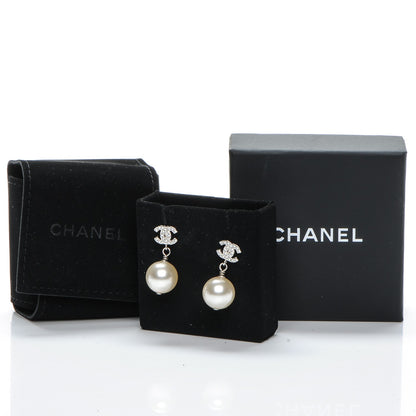 Chanel Crystal Pearl CC Drop Earrings Silver 5 of 5