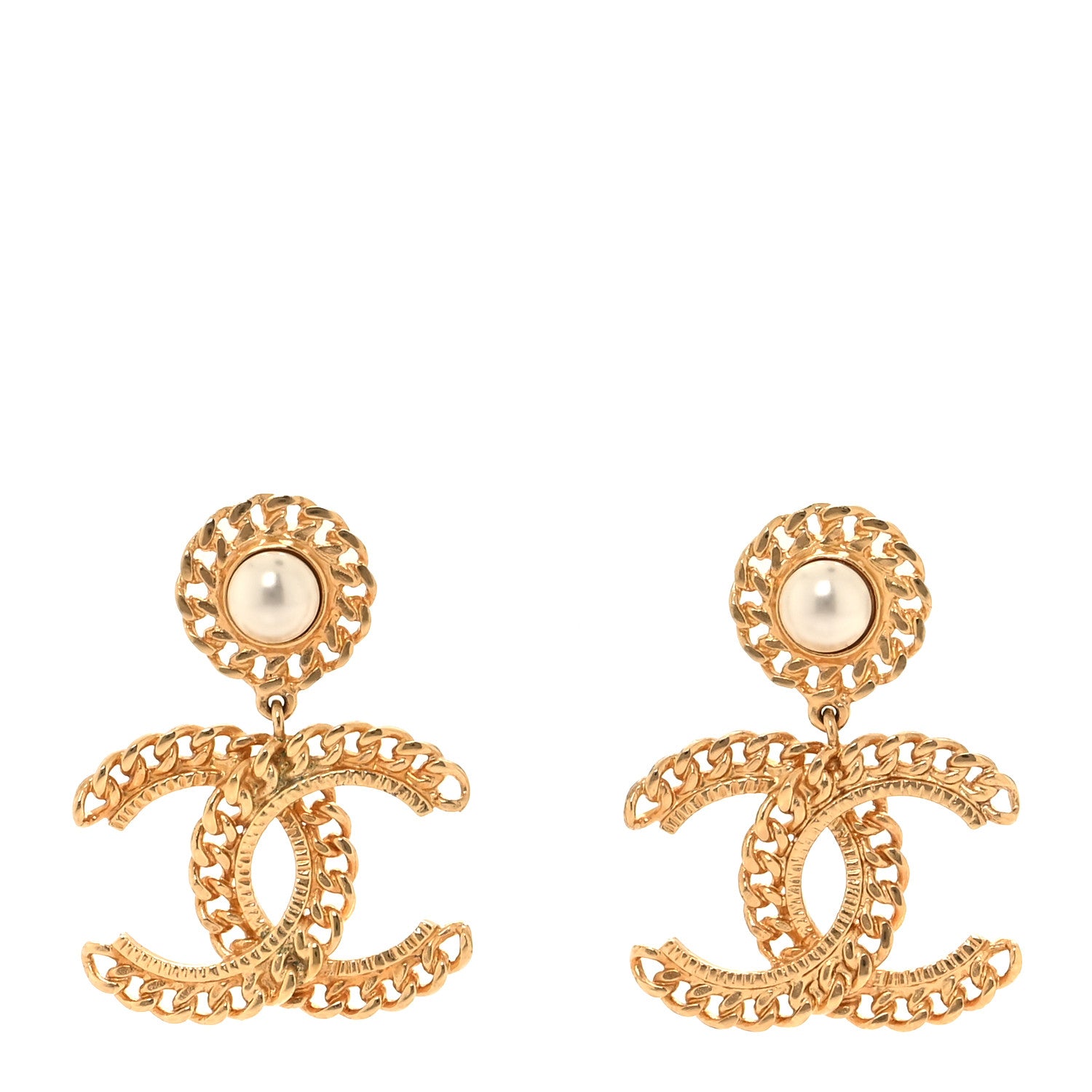 Chanel Metal Pearl CC Chain Drop Earrings Gold 1 of 5