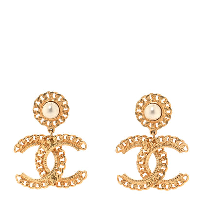 Chanel Metal Pearl CC Chain Drop Earrings Gold 1 of 5