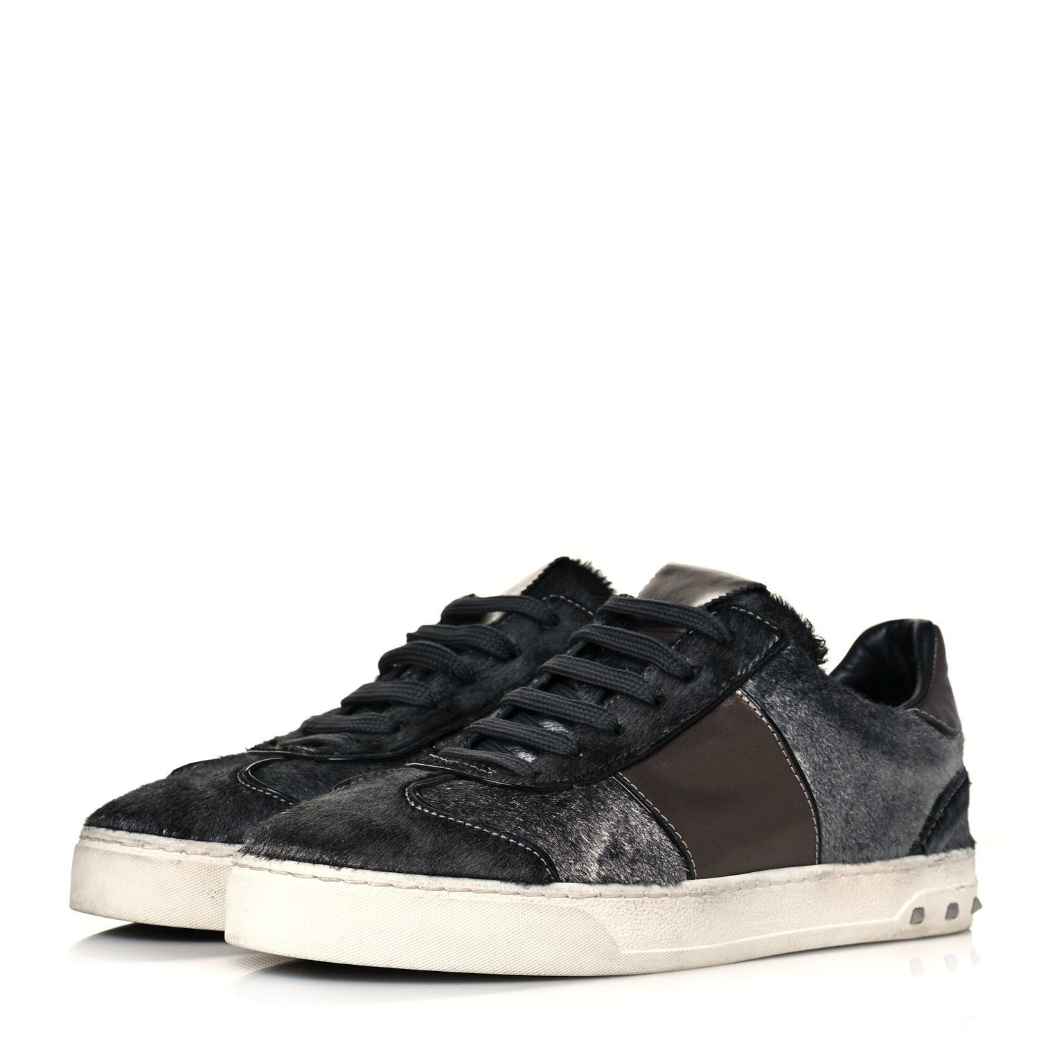 Valentino Garavani Pony Hair Metallic Calfskin Flycrew Sneakers 38 Gray 3 of 7
