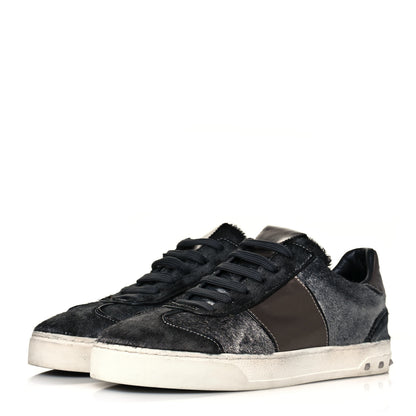 Valentino Garavani Pony Hair Metallic Calfskin Flycrew Sneakers 38 Gray 3 of 7