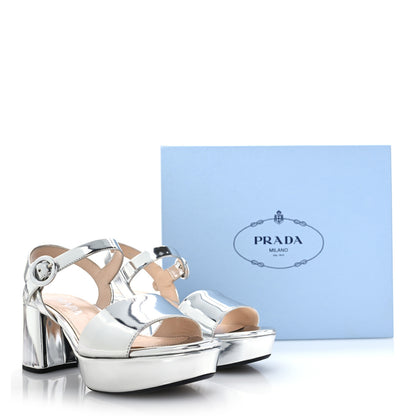 Prada Vitello Metallic Calfskin Platform Sandals 37.5 Argento 9 of 9