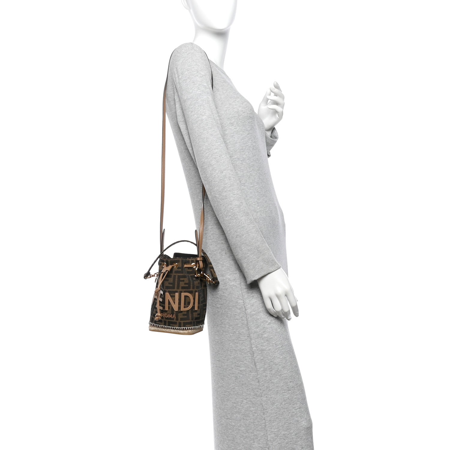 Fendi Fabric Jacquard Vitello Grace Raffia FF 1974 Logo Mini Mon Tresor Bucket Bag Tobacco Moro Sand 2 of 10