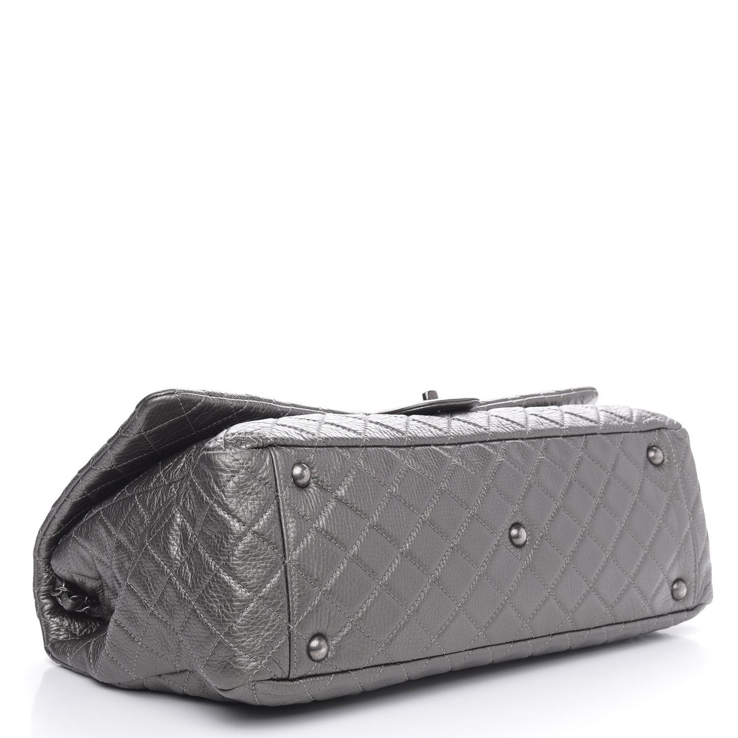 Metallic Calfskin Quilted XXL Travel Flap Bag Dark Silver
