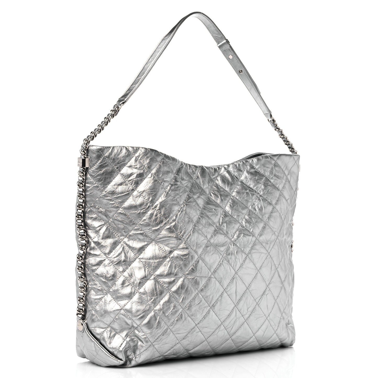 Metallic Crackled Calfskin Quilted Large Big Bang Hobo Silver