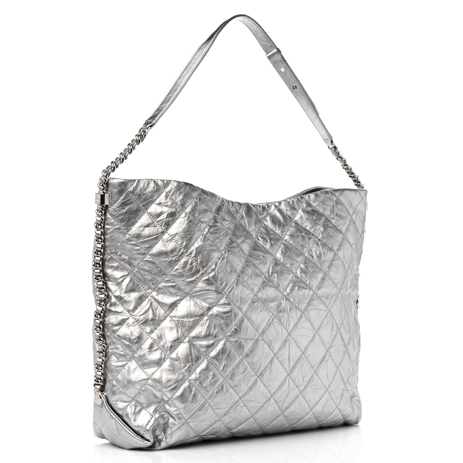 Chanel Metallic Crackled Calfskin Quilted Large Big Bang Hobo Silver 3 of 10