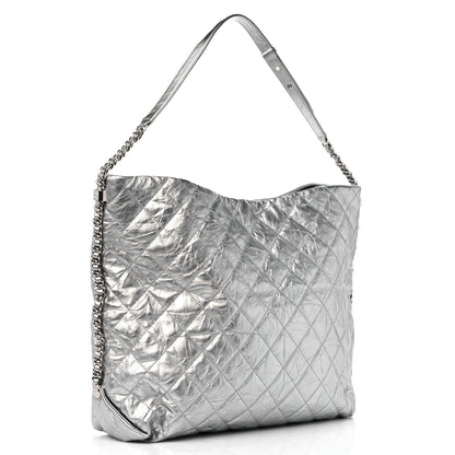 Chanel Metallic Crackled Calfskin Quilted Large Big Bang Hobo Silver 3 of 10