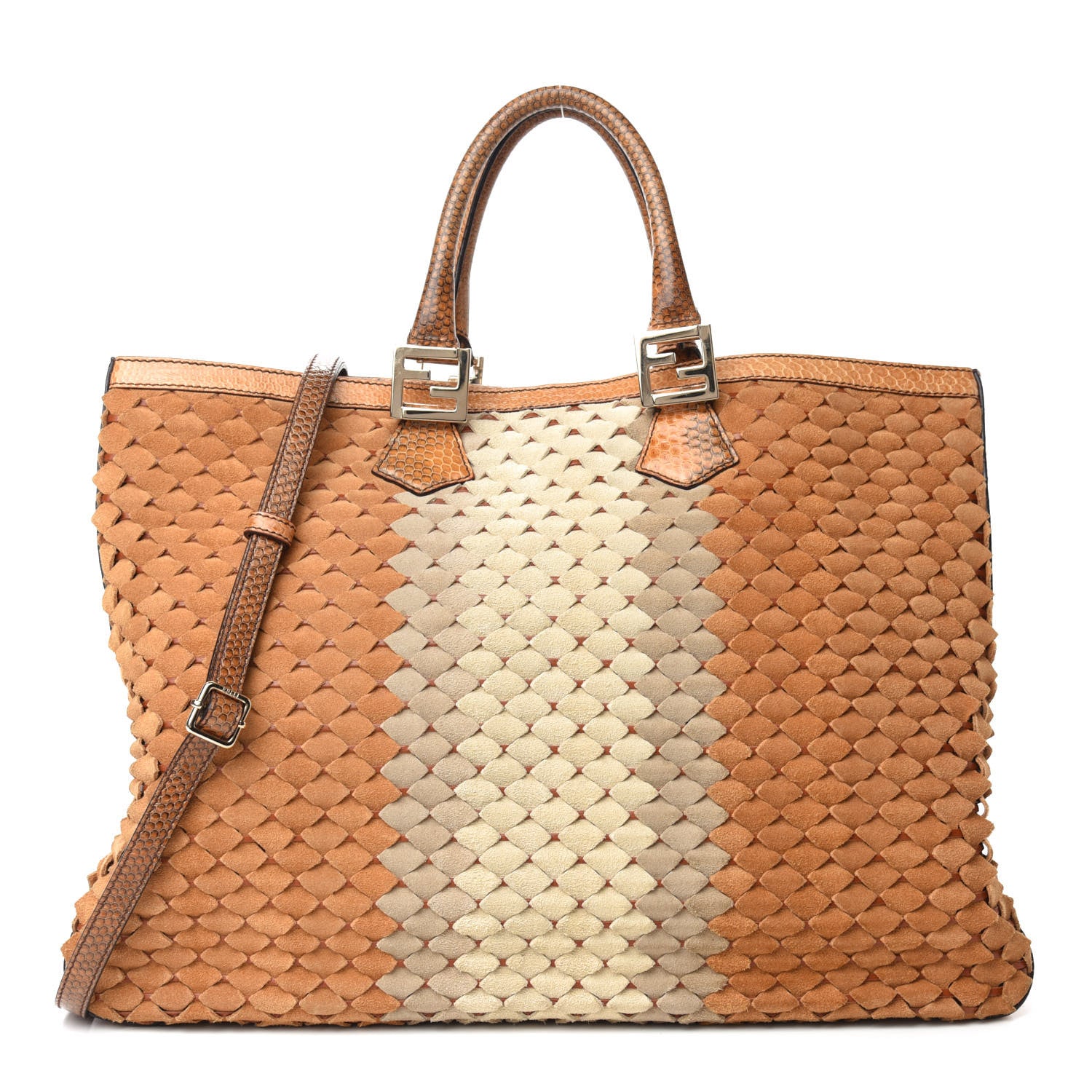 Fendi Suede Calfskin Water Snake Twins Tote Brown 1 of 10