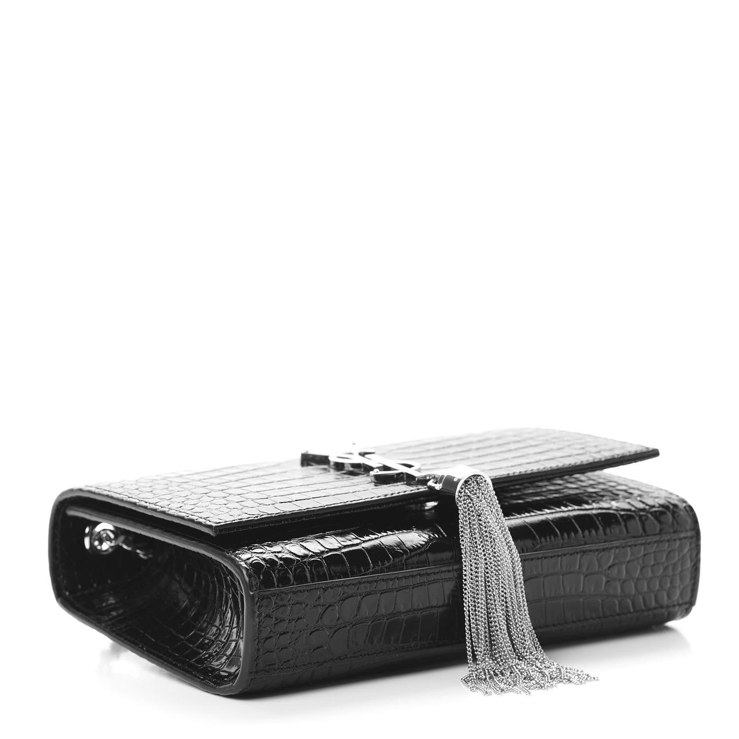Saint Laurent Calfskin Crocodile Embossed Small Classic Monogram Kate Tassel Satchel Black 4 of 10