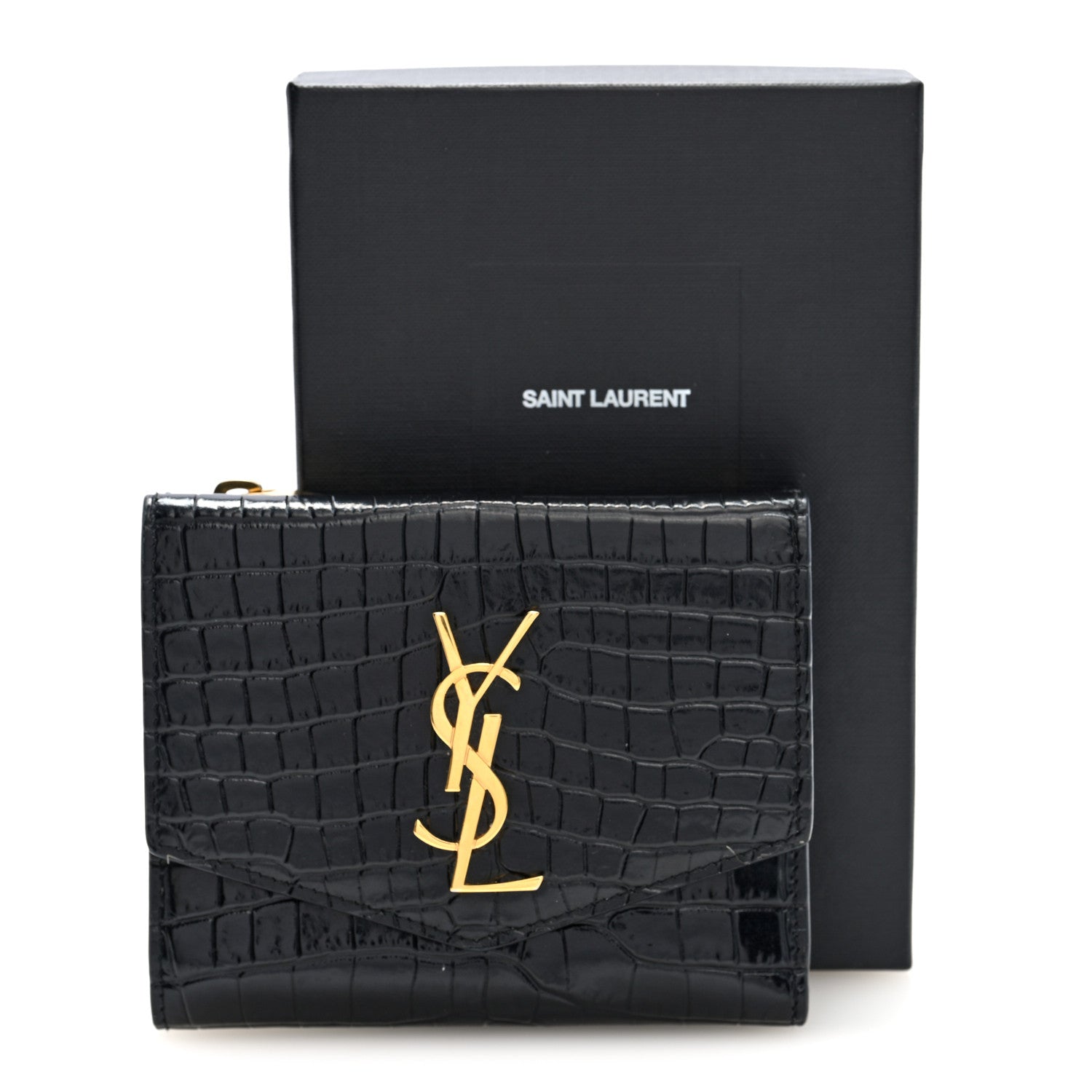 Saint Laurent Shiny Calfskin Crocodile Embossed Monogram Uptown Compact Wallet Black 7 of 7