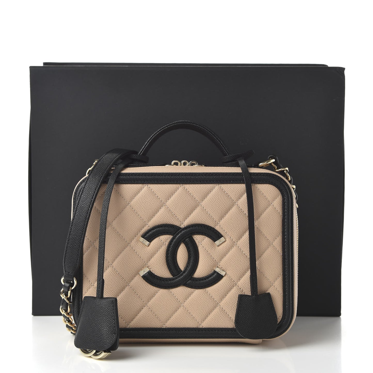 Caviar Quilted Medium CC Filigree Vanity Case Beige Black
