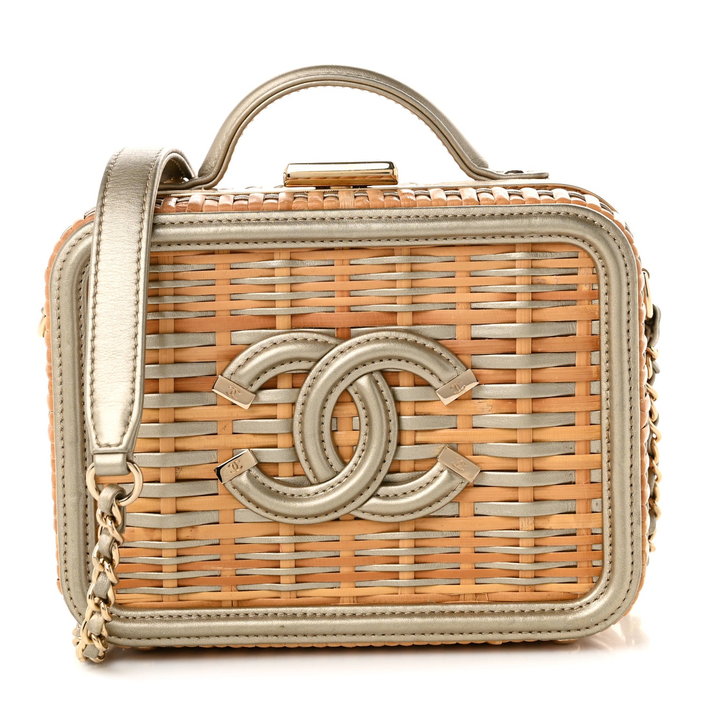Raffia Calfskin Small CC Filigree Vanity Case Gold