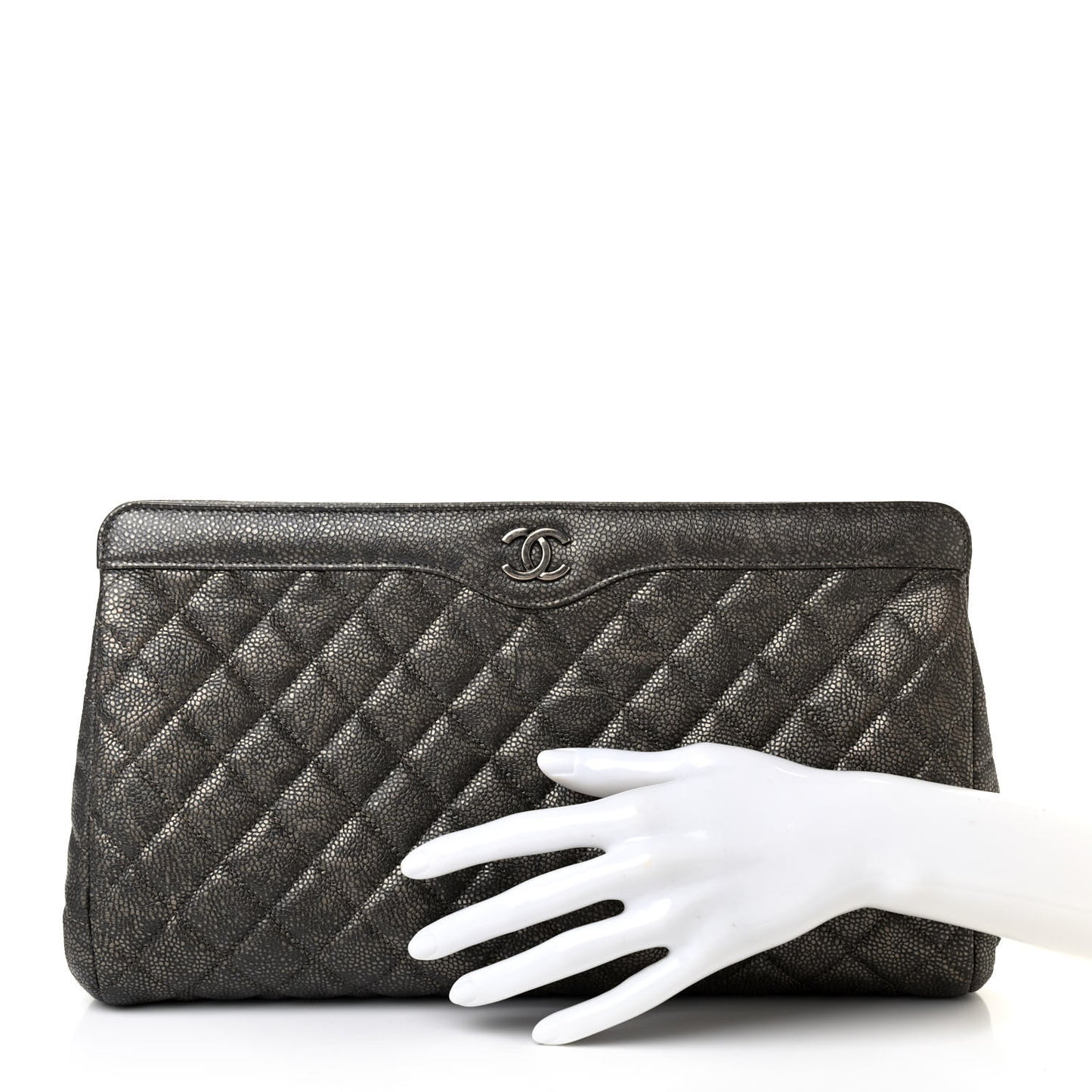 Metallic Caviar Quilted Clutch Dark Silver