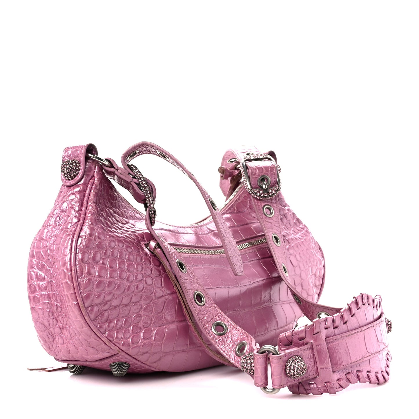 Metallic Extra Supple Calfskin Crystal Crocodile Embossed Small Le Cagole Shoulder Bag Pink