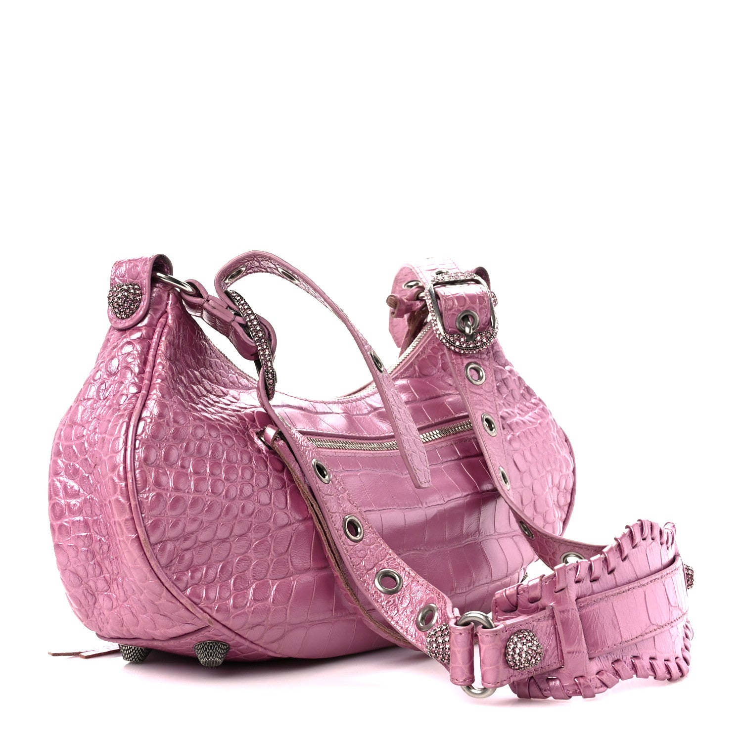 Balenciaga Metallic Extra Supple Calfskin Crystal Crocodile Embossed Small Le Cagole Shoulder Bag Pink 4 of 14