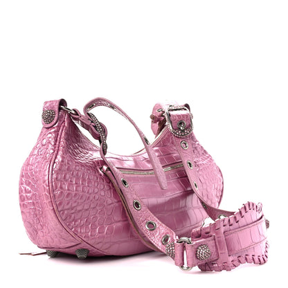 Balenciaga Metallic Extra Supple Calfskin Crystal Crocodile Embossed Small Le Cagole Shoulder Bag Pink 4 of 14