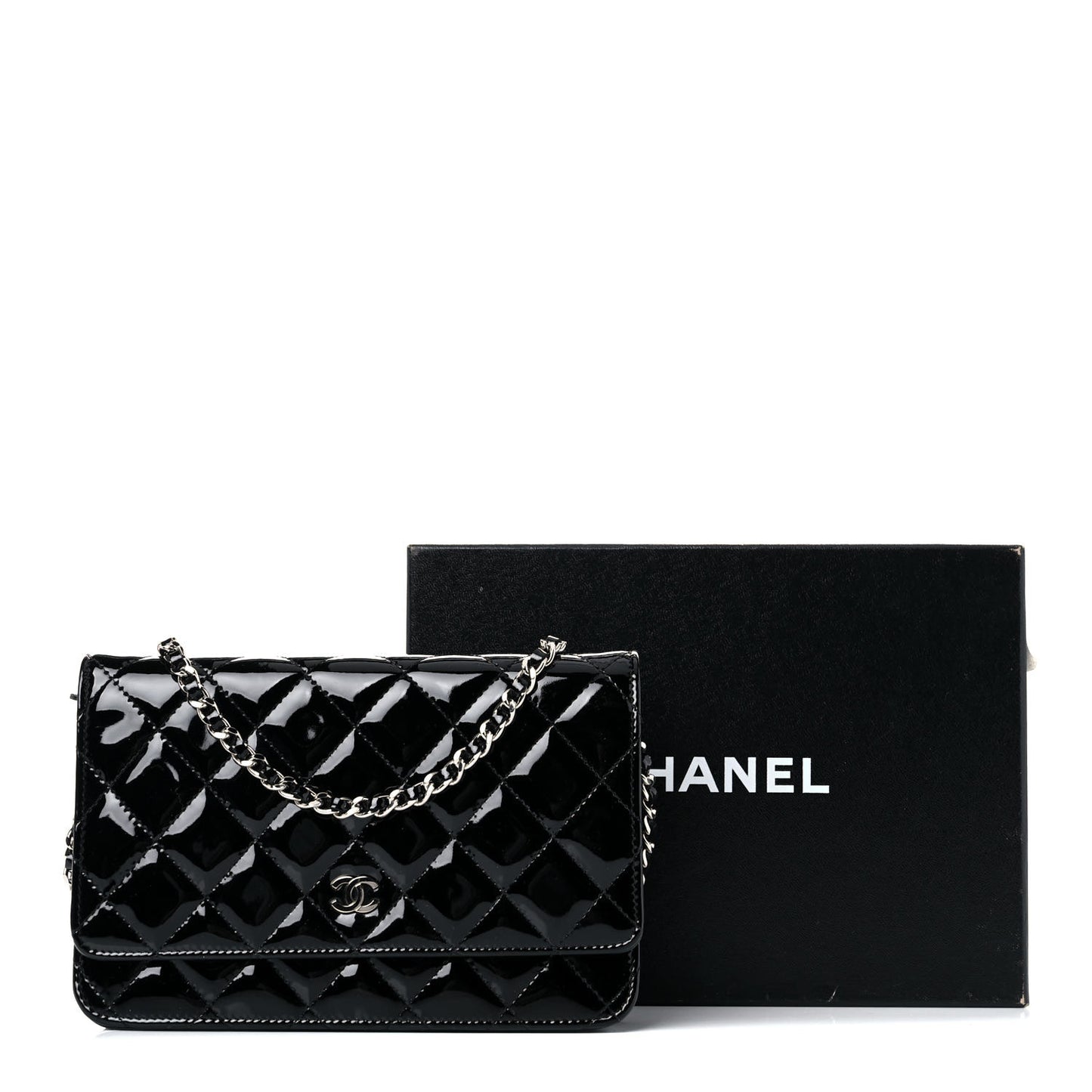Patent Quilted Wallet On Chain WOC Black