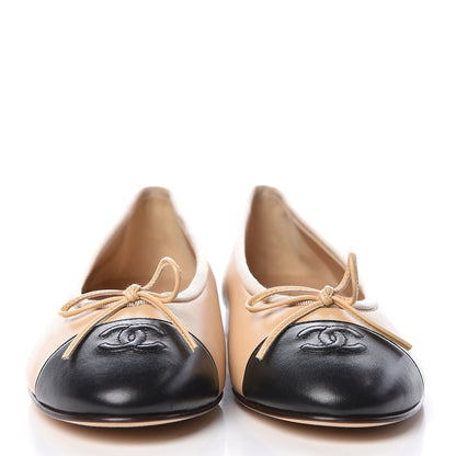 Chanel Lambskin Cap Toe CC Ballerina Flats 40.5 Beige Black 2 of 9