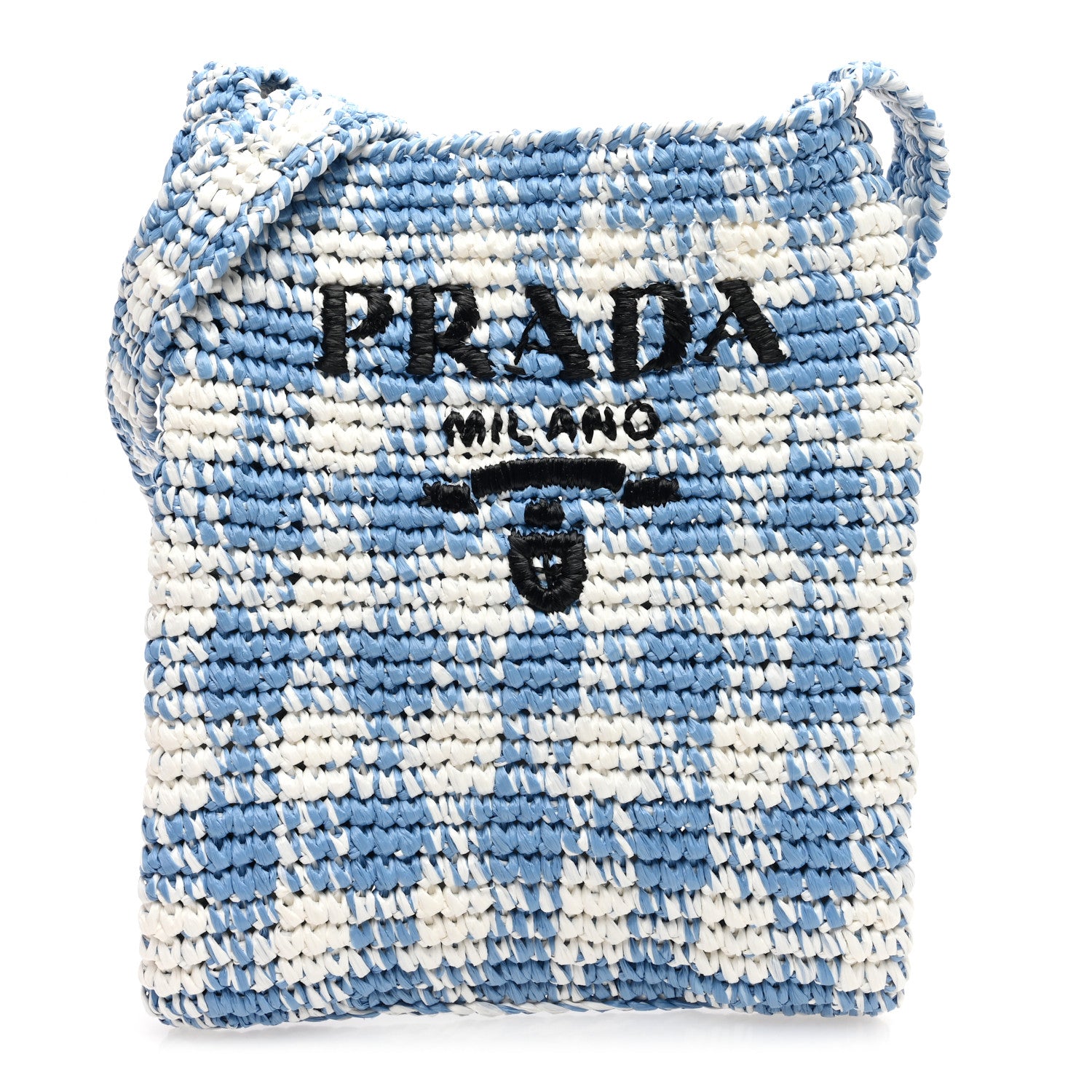 Prada Yarn Raffia Effect Crochet Embroidered Logo Tote Messenger Bag Celeste 1 of 9