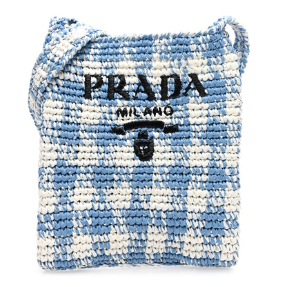 Prada Yarn Raffia Effect Crochet Embroidered Logo Tote Messenger Bag Celeste 1 of 9
