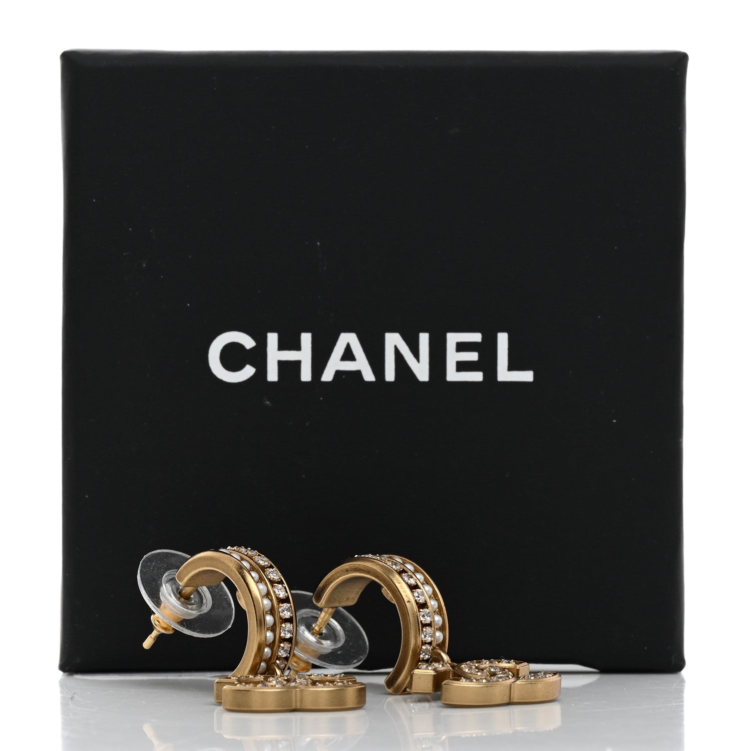 Chanel Crystal Pearl CC Hoop Drop Earrings Gold 5 of 5