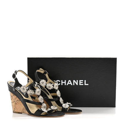 Chanel Lambskin Cork Camellia Wedge Sandals 37.5 Black 12 of 12