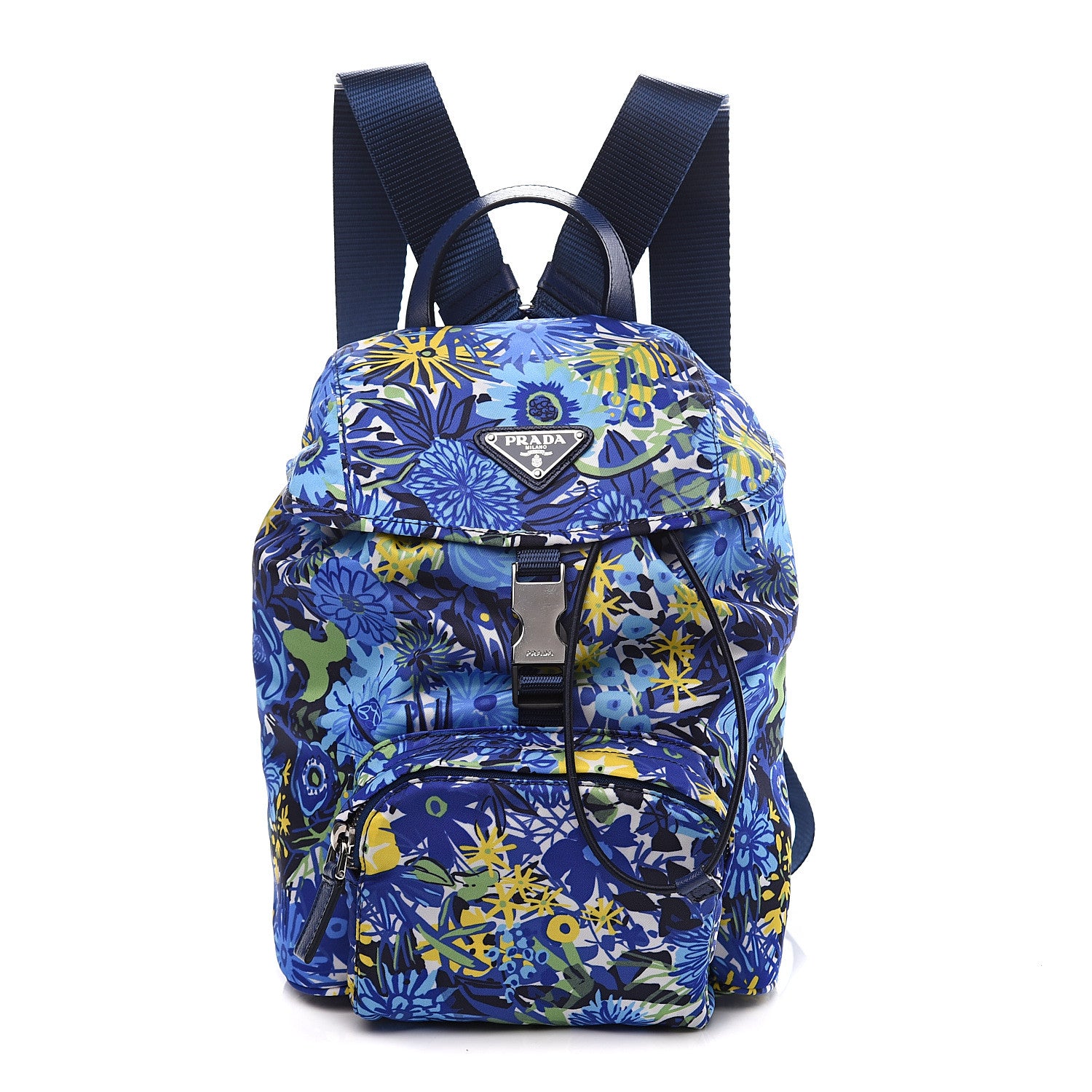 Prada Nylon Saffiano Floral Print Single Buckle Backpack Bluette Dis Primule 1 of 8