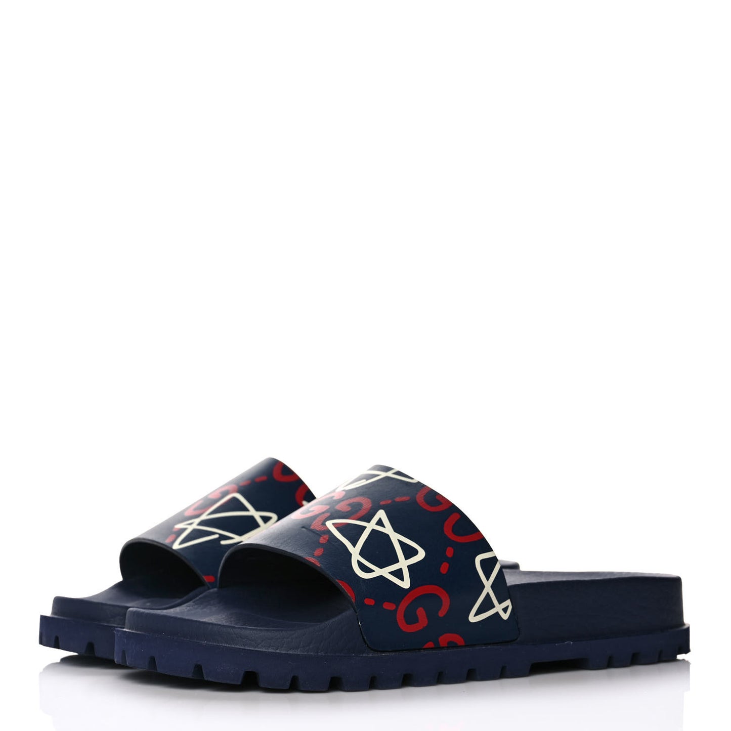 Calfskin Rubber GucciGhost Mens Lug Sole Slide Sandals 7 Blue Agata Hibiscus Red