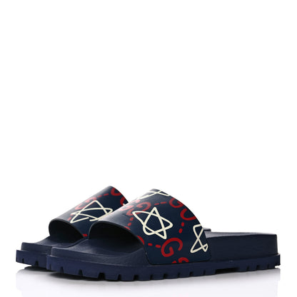 Gucci Calfskin Rubber GucciGhost Mens Lug Sole Slide Sandals 7 Blue Agata Hibiscus Red 3 of 10