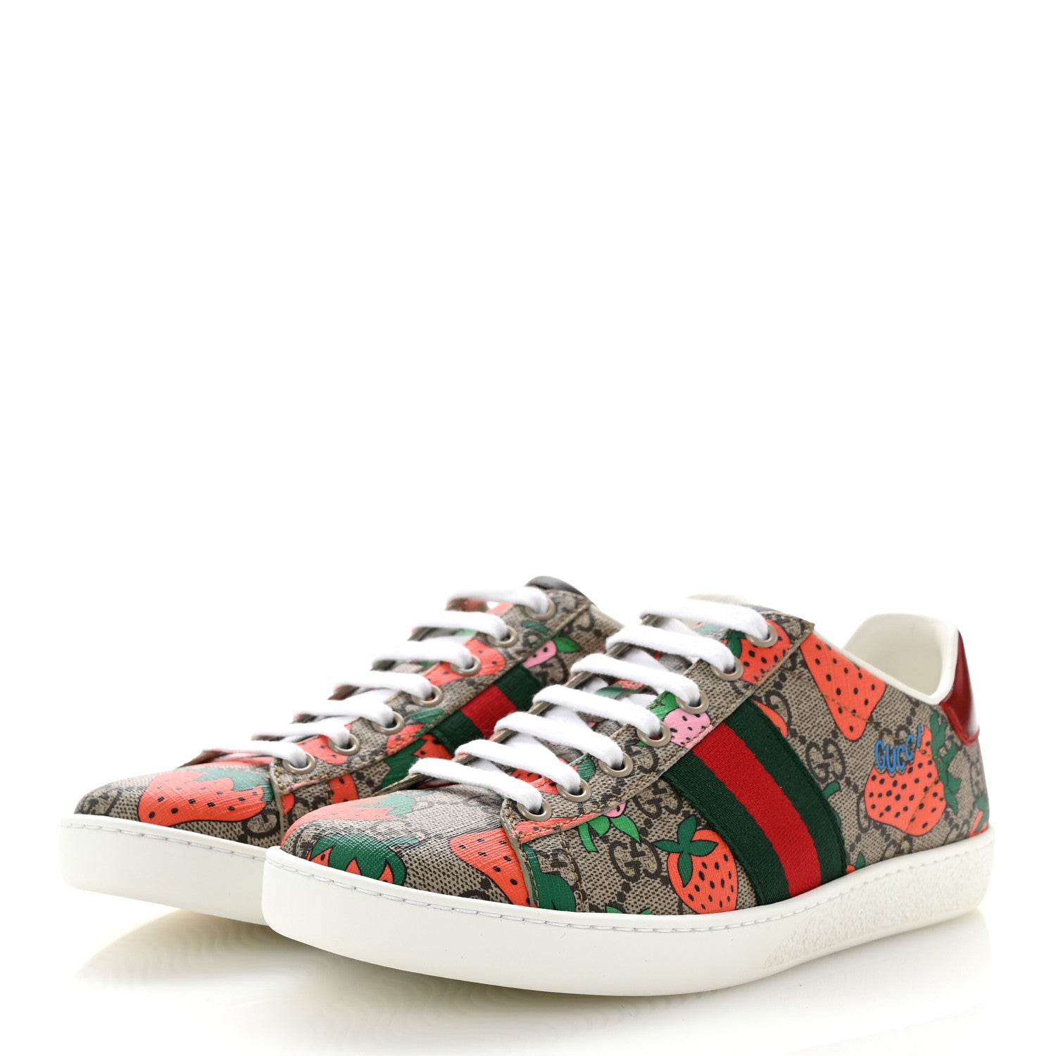 Gucci GG Supreme Monogram Strawberry Web Womens Ace Sneakers 36.5 Beige Multicolor Red Green 4 of 10