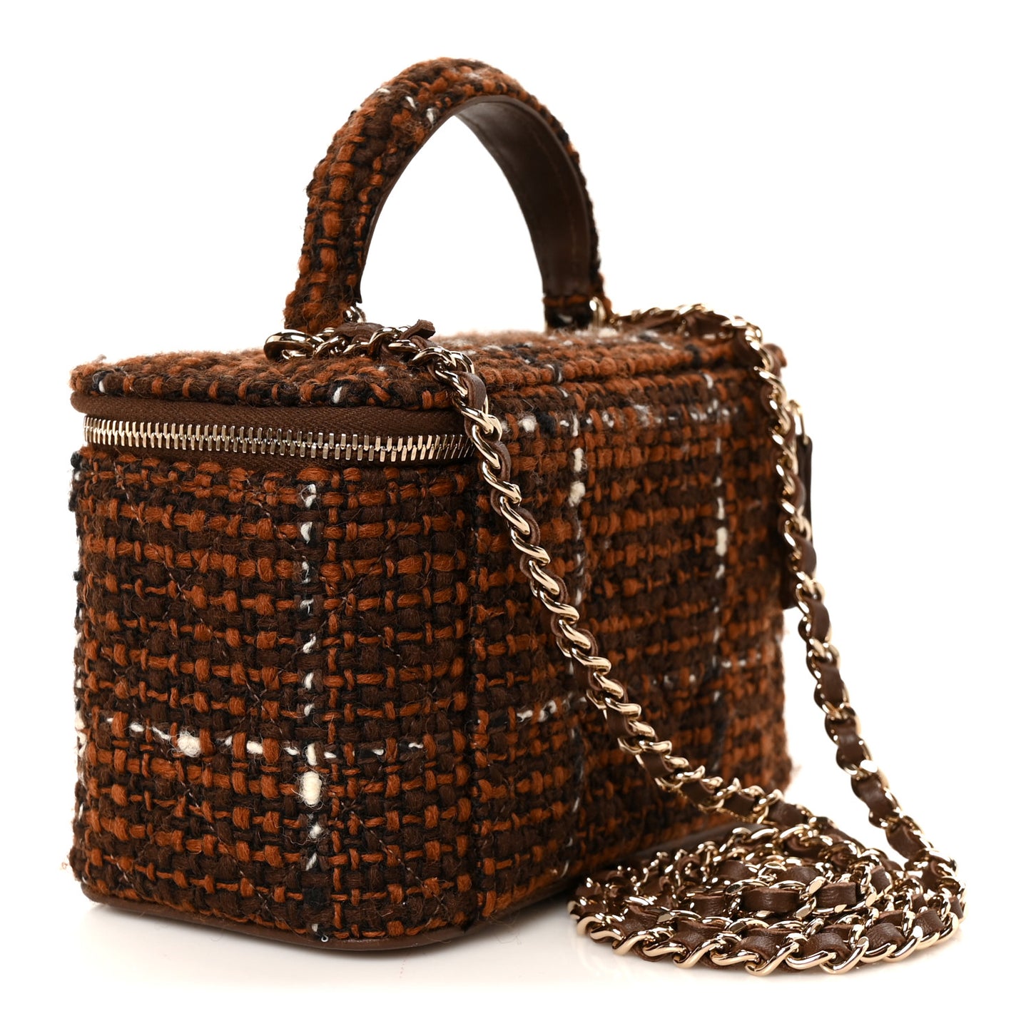 Tweed Small Top Handle Vanity Case With Chain Brown Multicolor