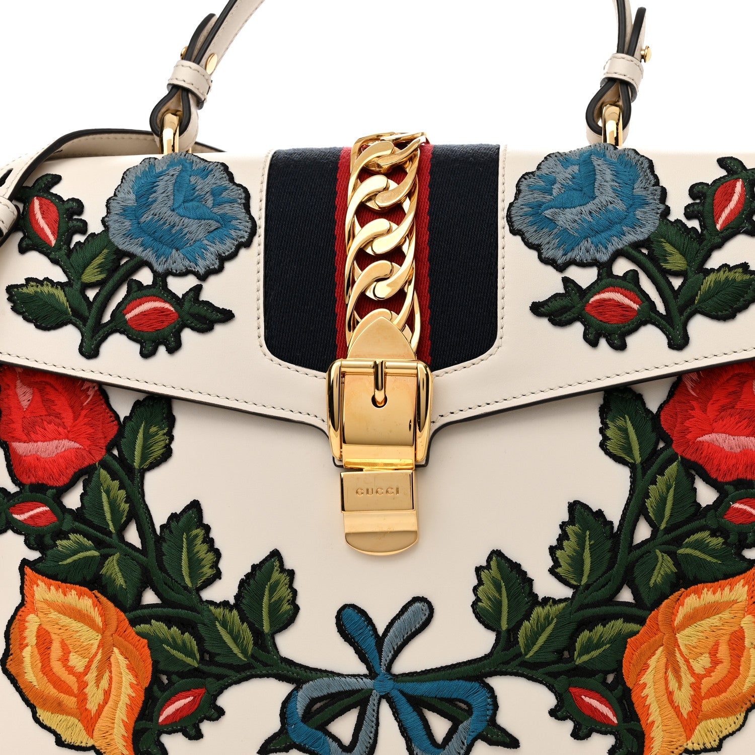 Gucci Calfskin Floral Medium Sylvie Top Handle Bag Off White 8 of 11