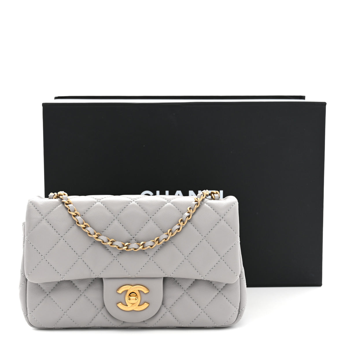 Lambskin Quilted Mini Rectangular Pearl Crush Flap Grey