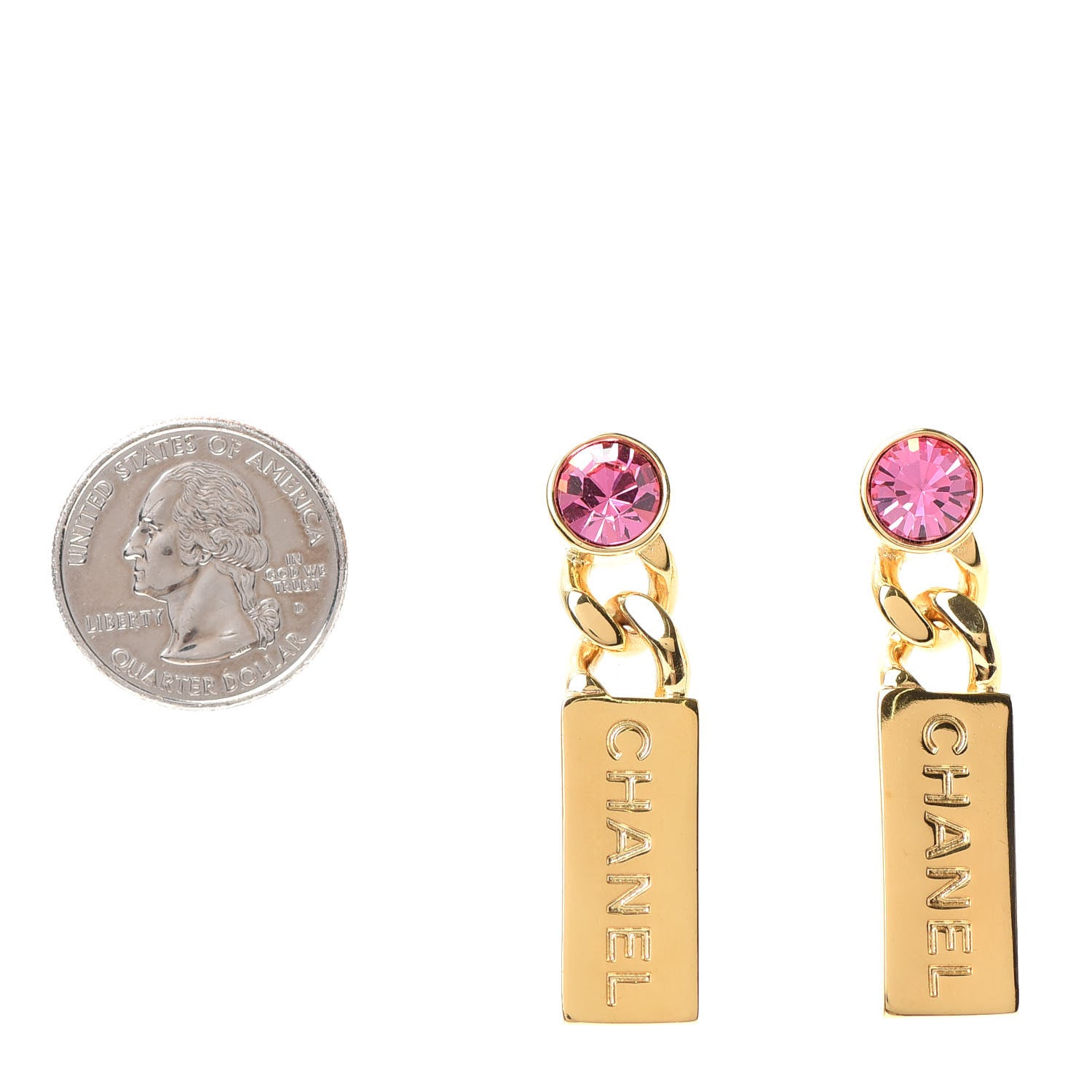 Chanel Crystal Tag Drop Earrings Gold Pink 2 of 4