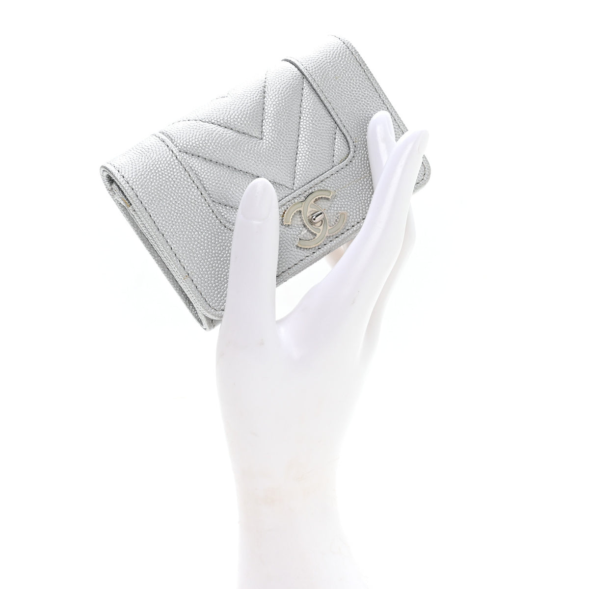 Chanel Metallic Caviar Chevron Quilted Vintage Mademoiselle Flap Card Holder Silver 2 of 8